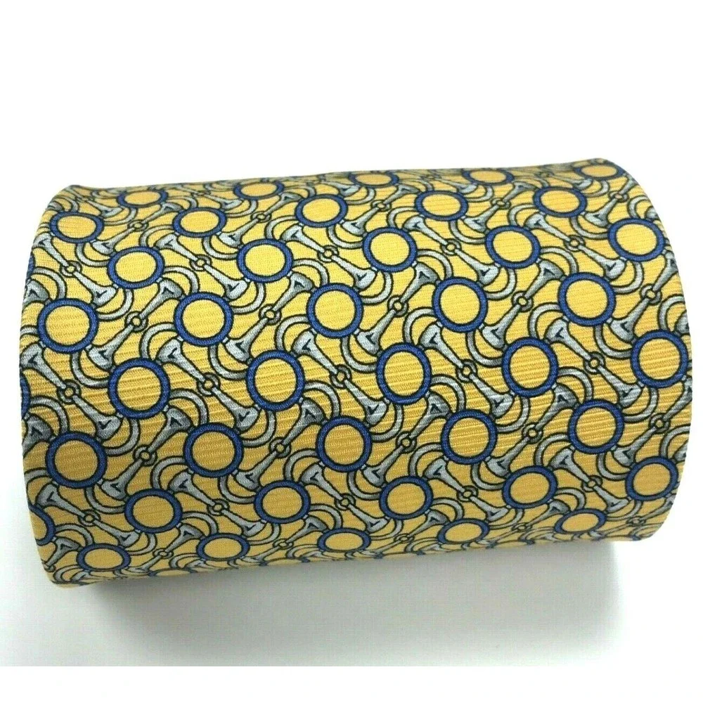 Brooks Basics Pure Silk Yellow Tie Silver Bridle Bits Blue Circles Men's Necktie